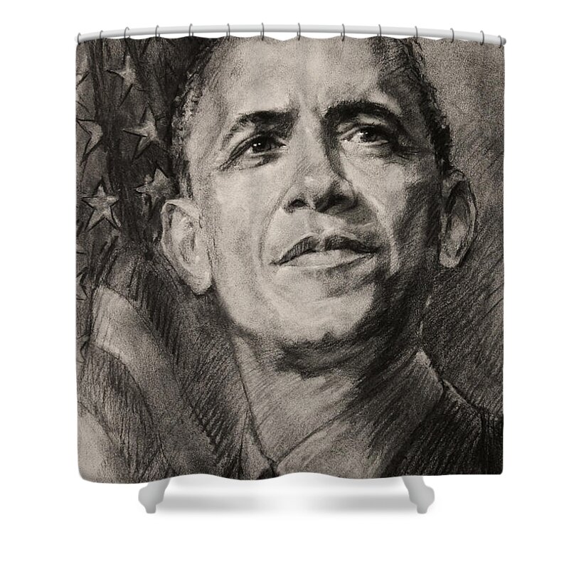 Barack Obama Shower Curtain featuring the drawing Commander-in-Chief by Ylli Haruni