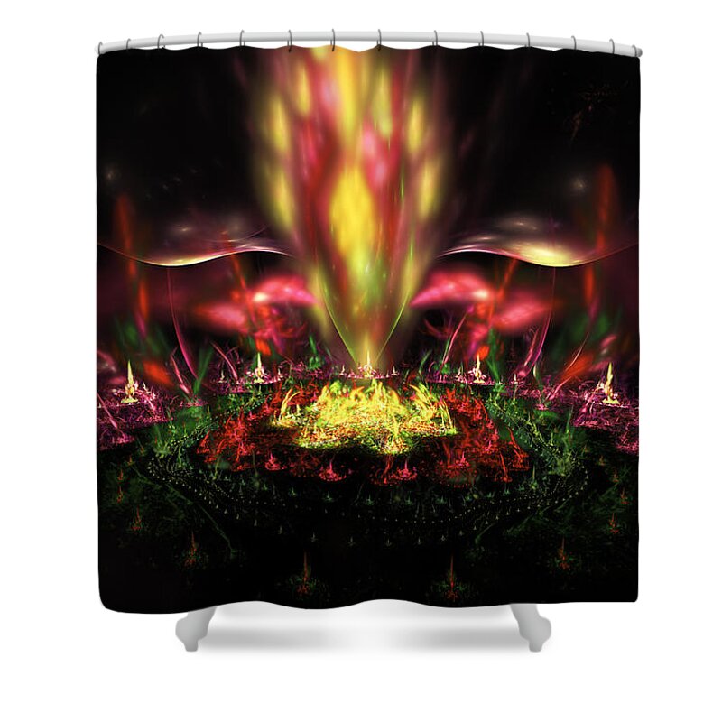 Magenta Shower Curtain featuring the digital art Computer Generated Red Yellow Green Abstract Fractal Flame by Keith Webber Jr