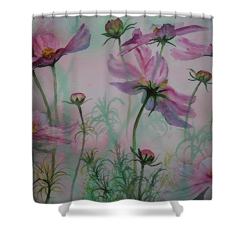 Flowers Shower Curtain featuring the painting Cosmos by Ruth Kamenev