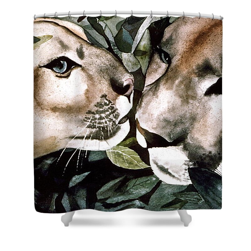 Mountain Shower Curtain featuring the painting Cougar Kiss by Frank SantAgata
