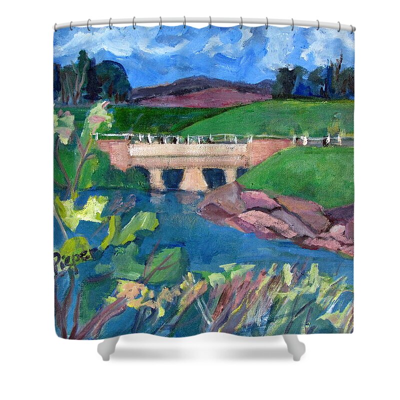 Small Concrete Bridge Shower Curtain featuring the painting Country Side with Concrete Bridge by Betty Pieper