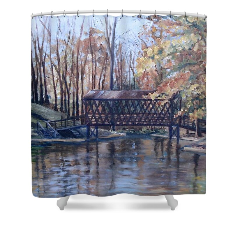 Landscape Shower Curtain featuring the painting Covered Bridge at Lake Roaming Rock by Donna Tuten