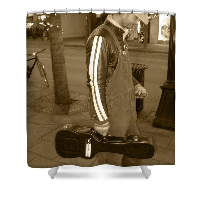 Sepia Tone Cowboy Musician. Street Musician Shower Curtain featuring the photograph Cowboy Musician On Streets by Kym Backland