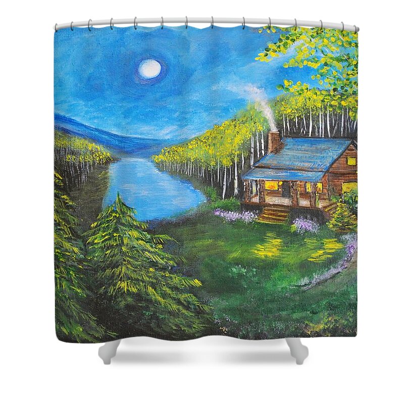Log Cabin Shower Curtain featuring the painting Cozy Cabin by Leslie Allen