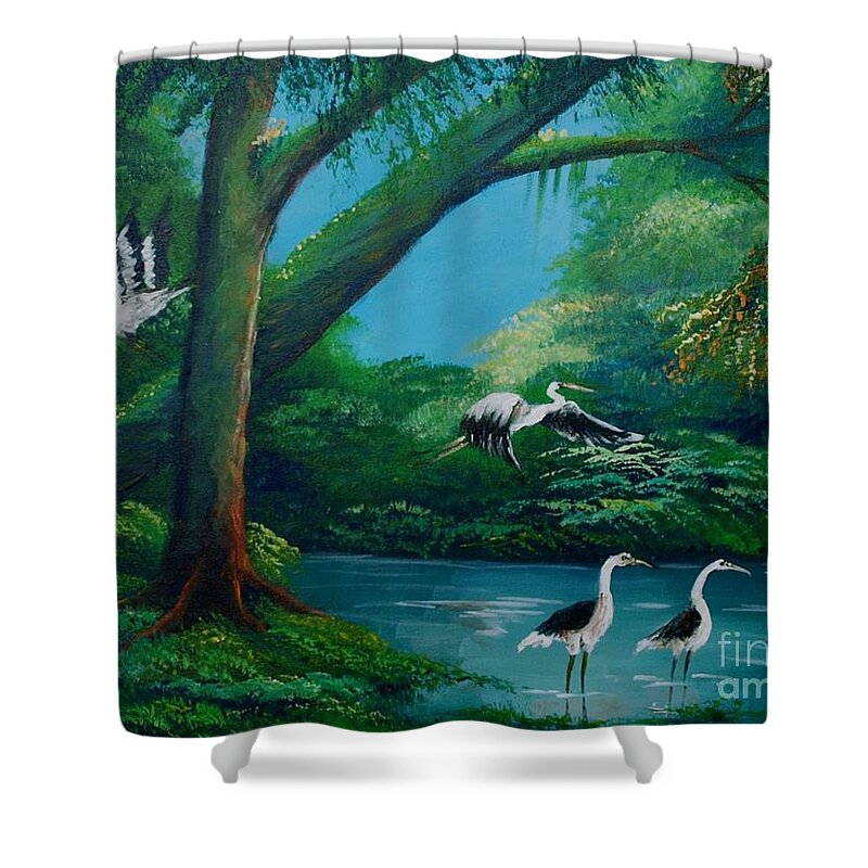 Wild Birds Shower Curtain featuring the painting Cranes on the swamp by Jean Pierre Bergoeing