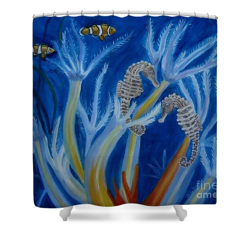Seahorses Shower Curtain featuring the painting Date Night on the Reef by Julie Brugh Riffey