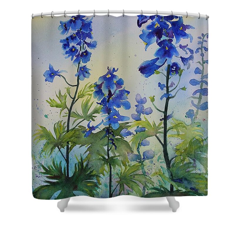 Blue Flowers Shower Curtain featuring the painting Delphiniums by Ruth Kamenev