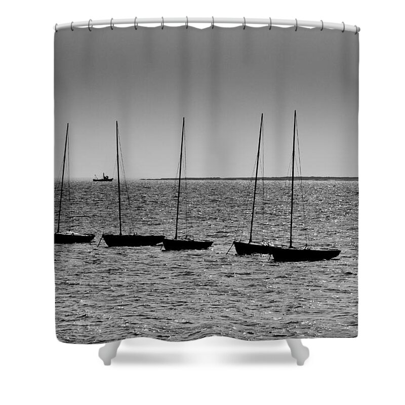 Dinghie Shower Curtain featuring the photograph Dinghies moored off of Leigh on Sea Essex by David Pyatt