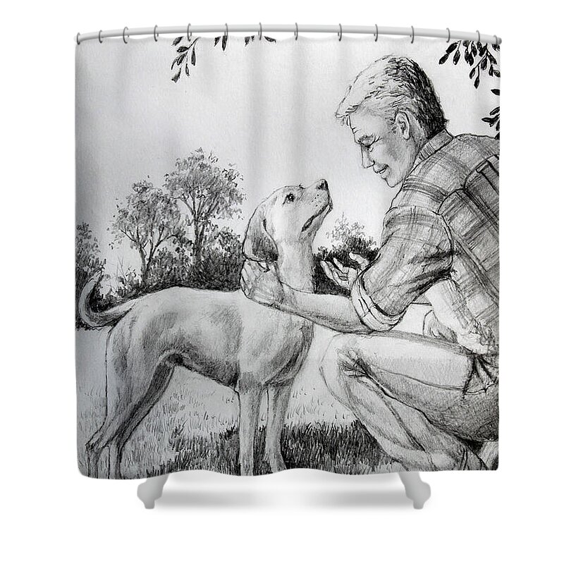Lab Guide Dog Shower Curtain featuring the painting Dog Whisperer by Hanne Lore Koehler