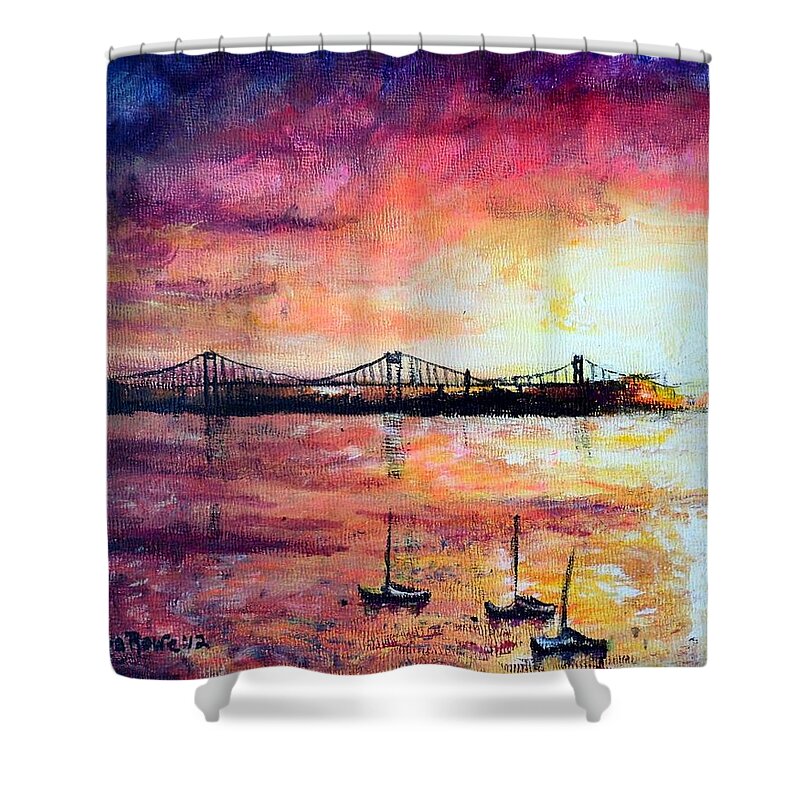 Bridge Shower Curtain featuring the painting Down by the Bay by Shana Rowe Jackson