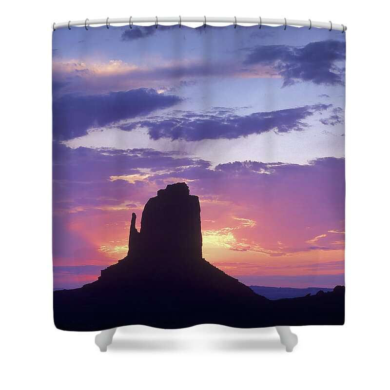 00175975 Shower Curtain featuring the photograph East And West Mittens Buttes At Sunrise by Tim Fitzharris
