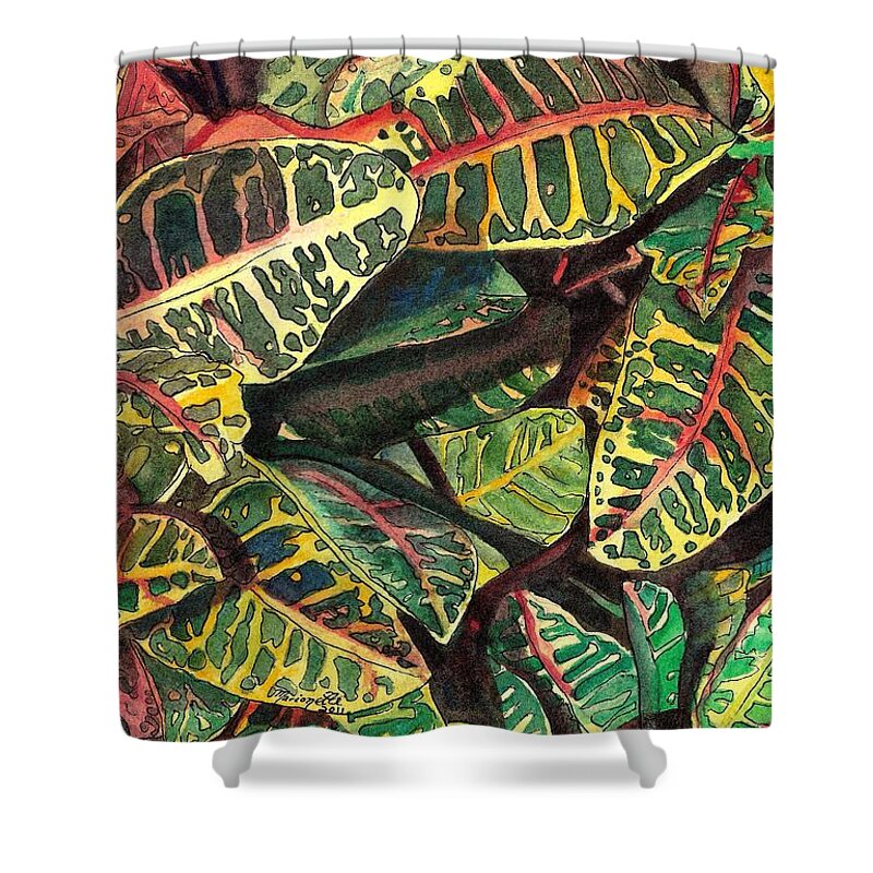 Croton Shower Curtain featuring the painting Elena's Crotons by Marionette Taboniar
