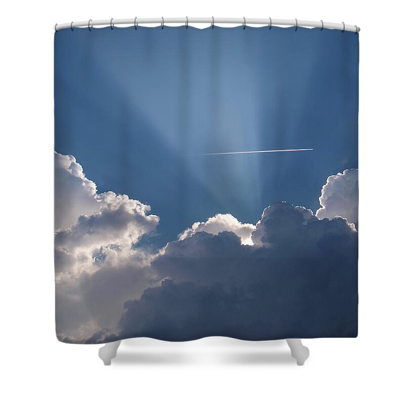 Blue Shower Curtain featuring the photograph Even Through the Clouds You Will Find a Ray of Sunshine by Teri Schuster