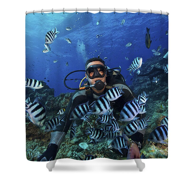 Diver Shower Curtain featuring the photograph Fijian Dive Guide Feeds A School by Terry Moore
