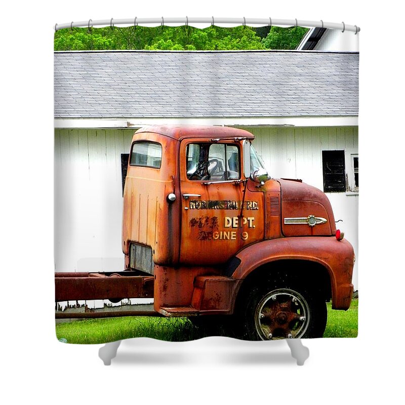 Antique Photography Shower Curtain featuring the photograph Firetruck from times past by Kim Galluzzo