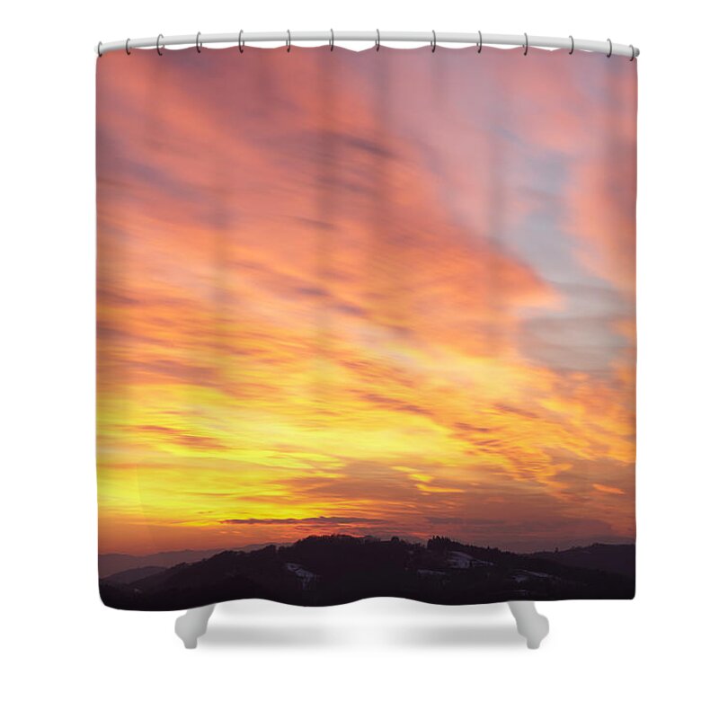 Mountains Shower Curtain featuring the photograph Flaming Sunset by Ian Middleton
