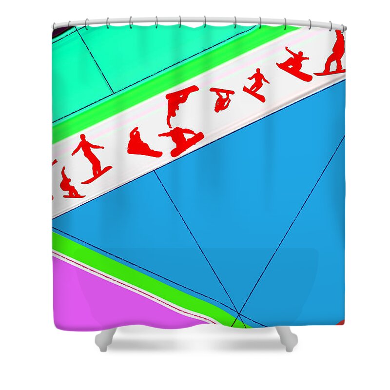 Snowboard Shower Curtain featuring the digital art Flying boards by Naxart Studio