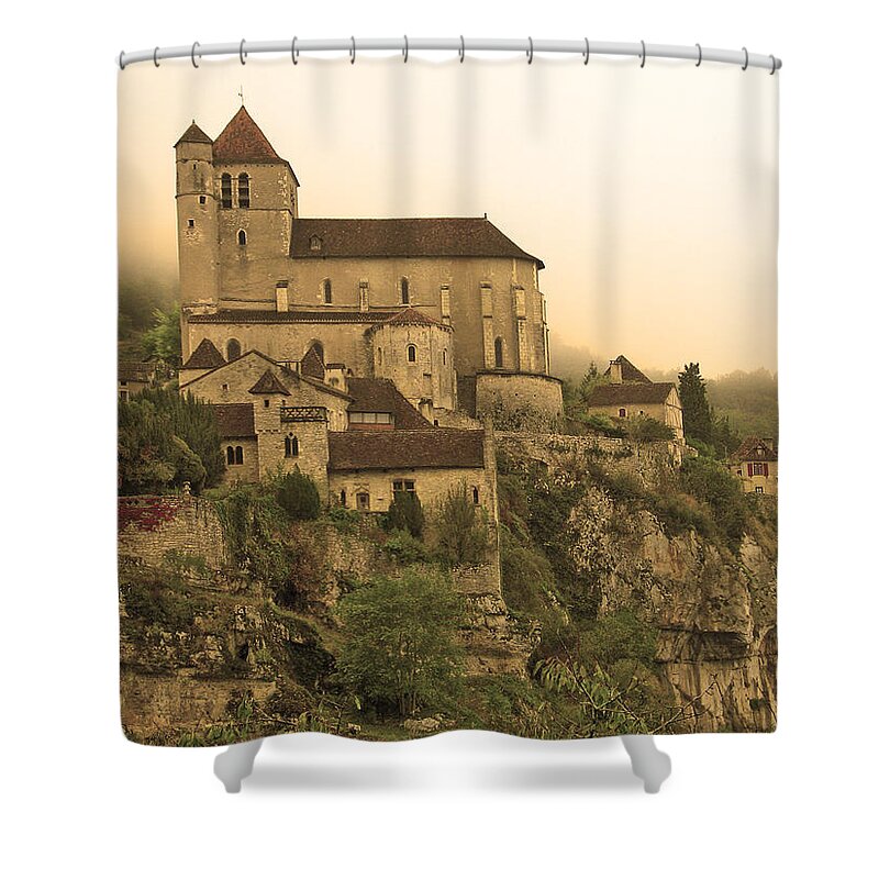 St Cirq Shower Curtain featuring the photograph Fog Descending on St Cirq Lapopie in Sepia by Greg Matchick