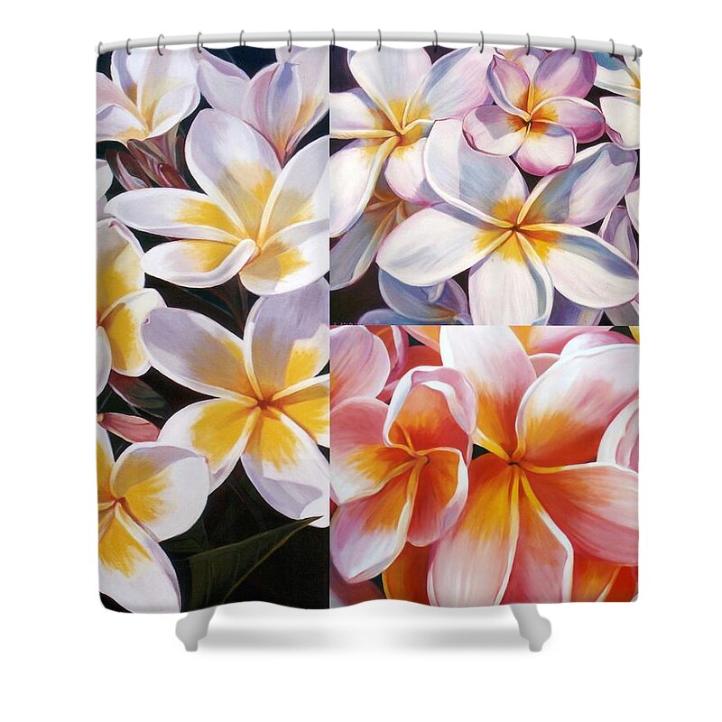 Jan Lawnikanis Shower Curtain featuring the painting Frangipani Collage by Jan Lawnikanis