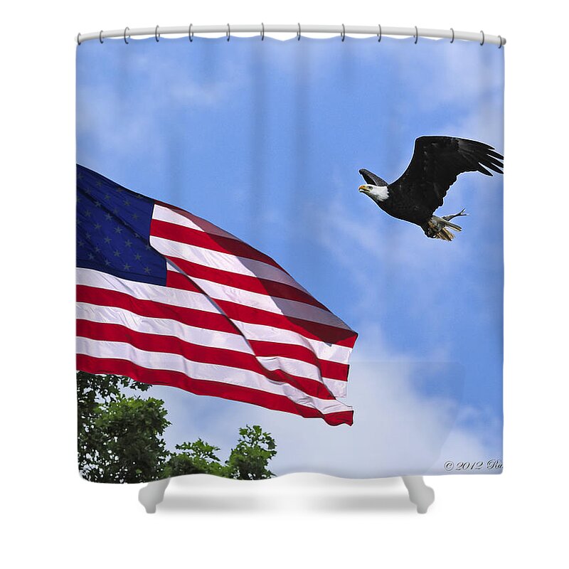 Eagle Flag Blue Sky Shower Curtain featuring the photograph Freedom Feeds The Family by Randall Branham
