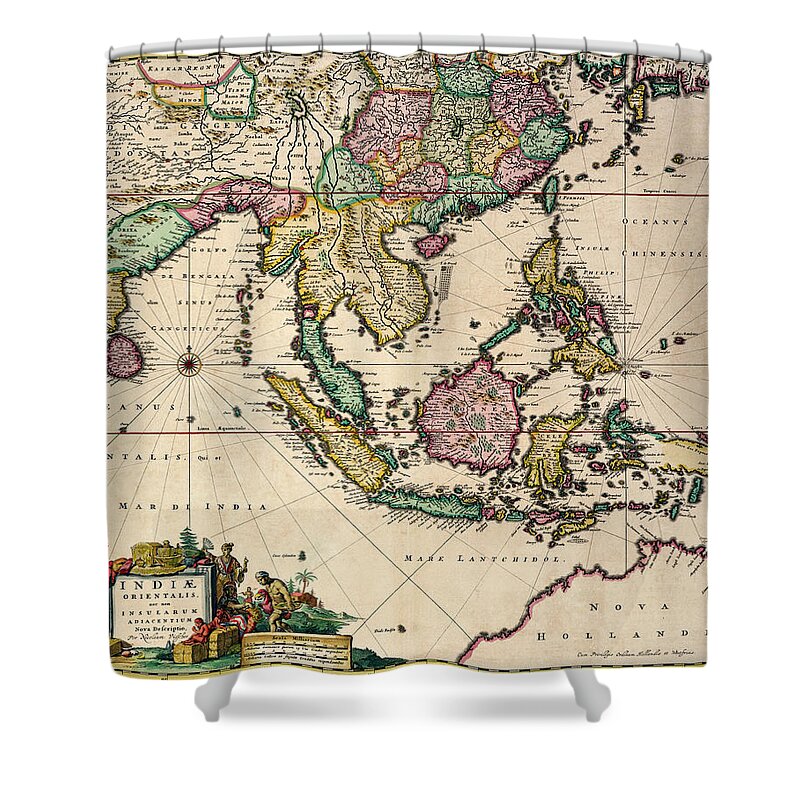 Maps Shower Curtain featuring the drawing General map extending from India and Ceylon to northwestern Australia by way of southern Japan by Nicolaes Visscher Claes Jansz 