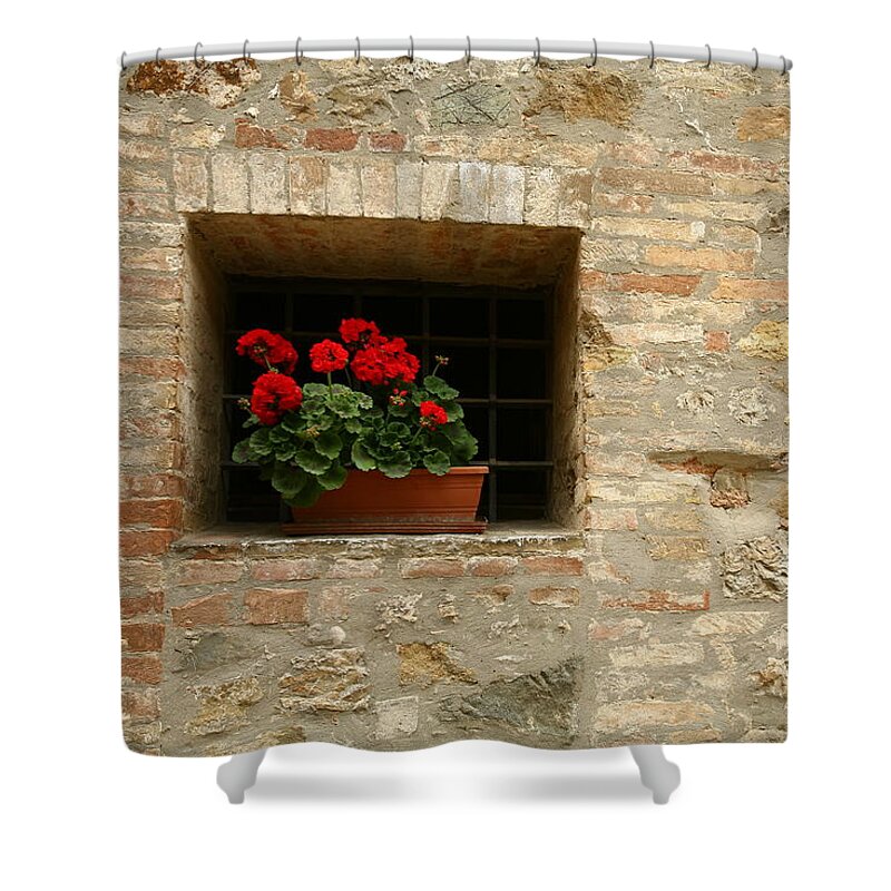 Tuscany Shower Curtain featuring the photograph Geraniums in the Window by Donna Corless