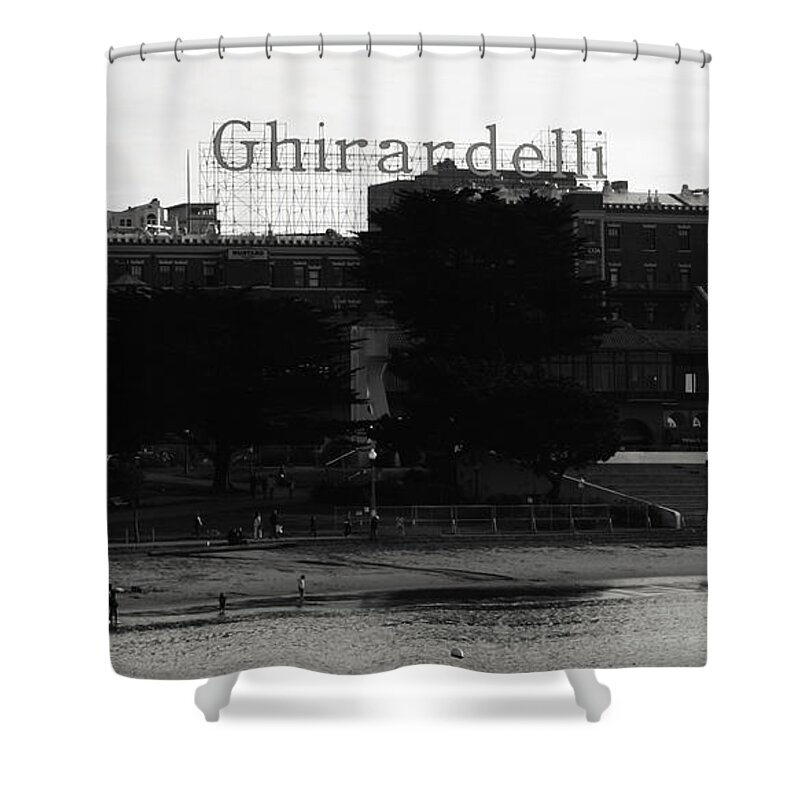 Ghirardelli Square Shower Curtain featuring the photograph Ghirardelli Square in Black and White by Linda Woods