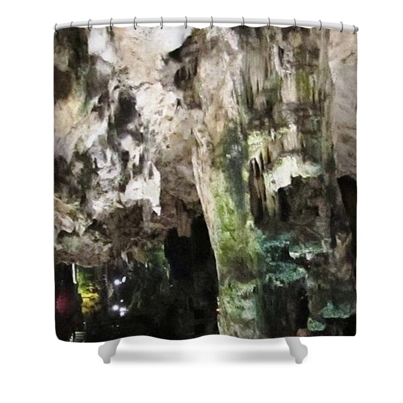 Stalactite Shower Curtain featuring the photograph Gibraltar Rock St Michaels Cave Stalactites V UK by John Shiron