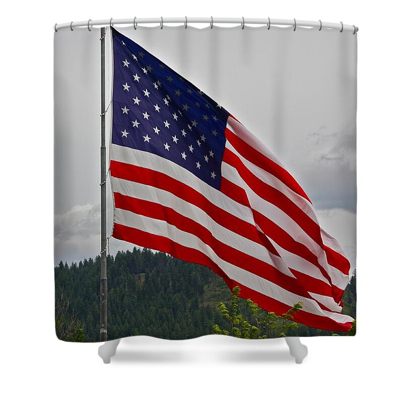 American Flag Shower Curtain featuring the photograph God Bless America by Diana Hatcher