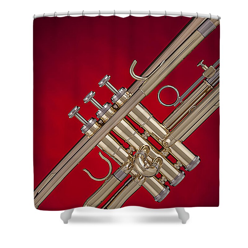 Trumpet Shower Curtain featuring the photograph Gold Trumpet Isolated On Red by M K Miller