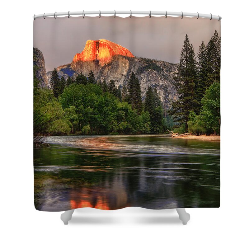 Halfdome Shower Curtain featuring the photograph Golden Light On Halfdome by Beth Sargent