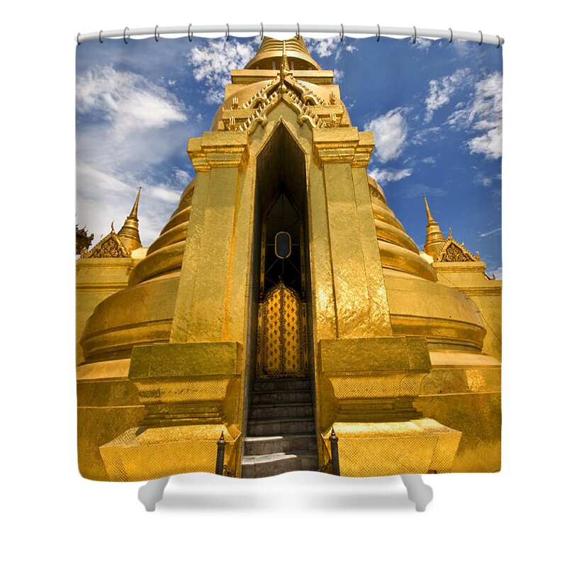 Golden Stupa Shower Curtain featuring the photograph Golden Stupa Front view Bangkok by Charuhas Images