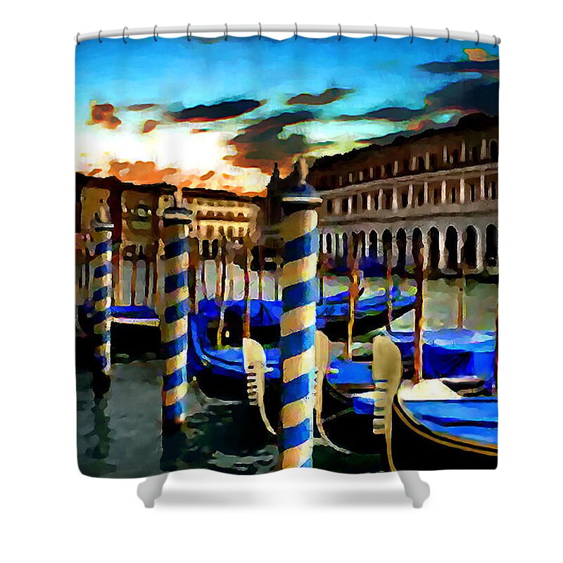 Venice Shower Curtain featuring the digital art Gondolas Under A Summer Sunset by Jann Paxton
