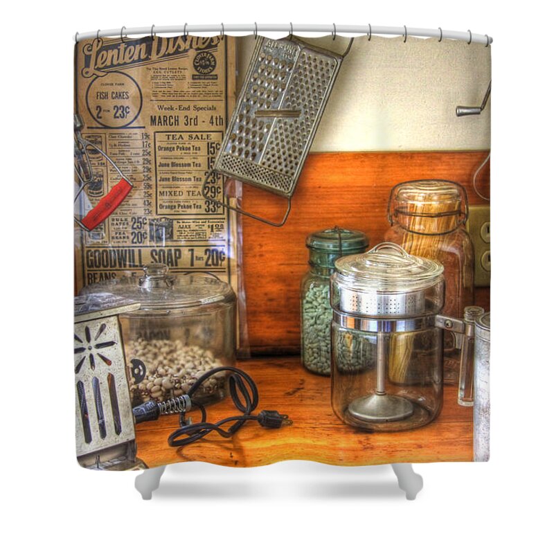 Kitchen Shower Curtain featuring the photograph Grandma's Pantry by Brenda Giasson