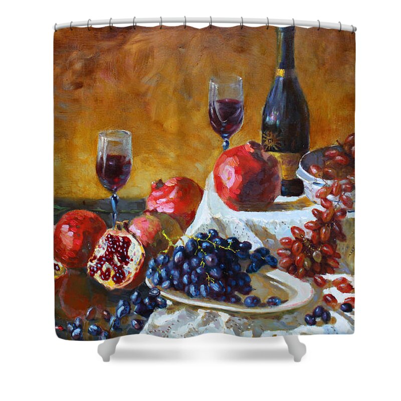 Grapes Shower Curtain featuring the painting Grapes and Pomgranates by Ylli Haruni