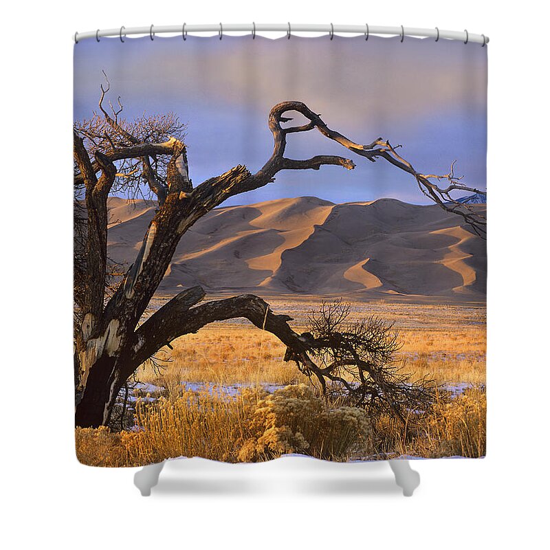 00176731 Shower Curtain featuring the photograph Grasslands And Dunes Great Sand Dunes by Tim Fitzharris