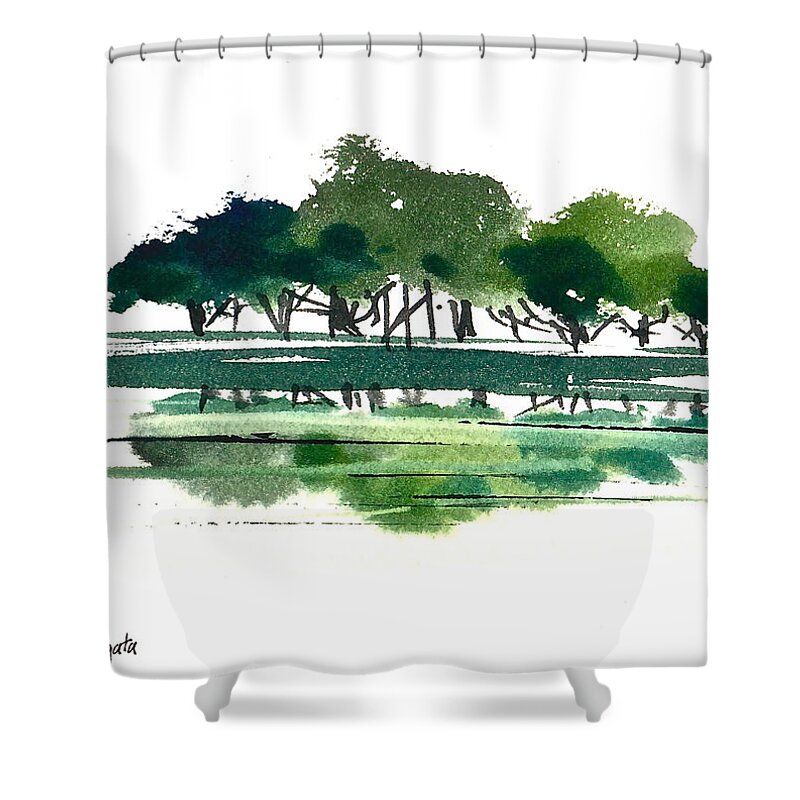 Tree Shower Curtain featuring the painting Green Lake Forest by Frank SantAgata