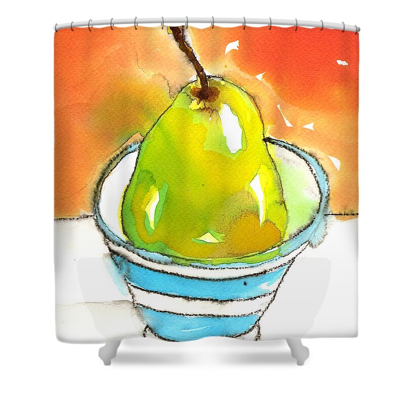 Pear Shower Curtain featuring the painting Green Pear in Blue Striped Bowl by Tracy-Ann Marrison