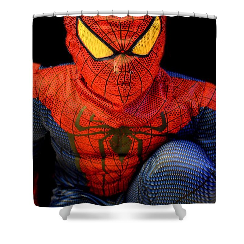 Halloween's Spiderman Shower Curtain featuring the photograph Halloween's Spiderman by Maria Urso