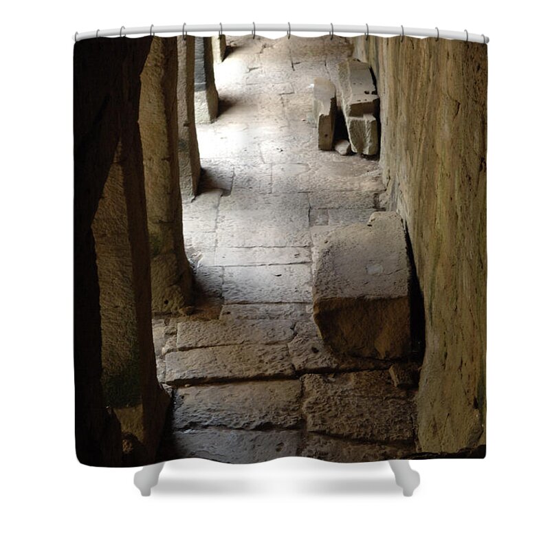 Travel Shower Curtain featuring the photograph Hallway Ankor Wat by Bob Christopher