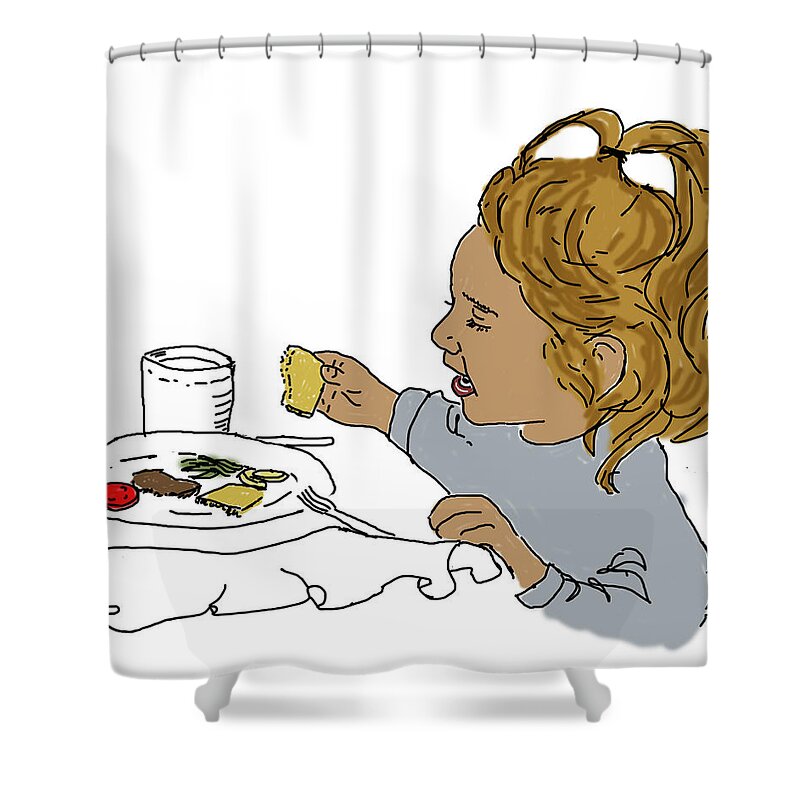  Shower Curtain featuring the drawing Harper Eating by Daniel Reed