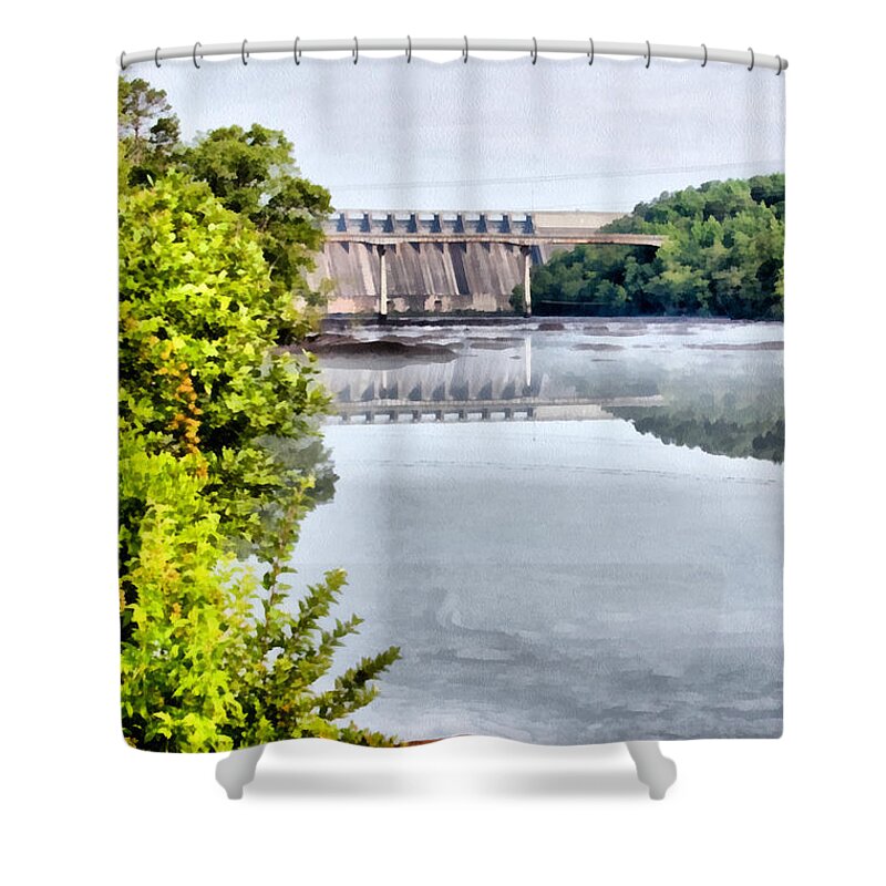 Water Shower Curtain featuring the painting Hartwell Dam on the Savannah River by Lynne Jenkins