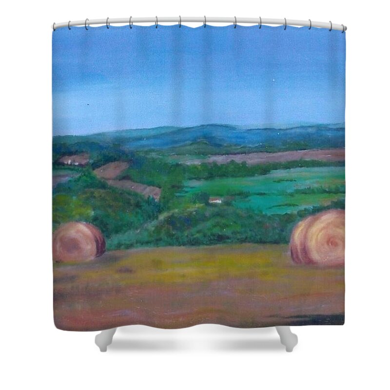 Country Shower Curtain featuring the painting Hay Bales by Christine Lathrop