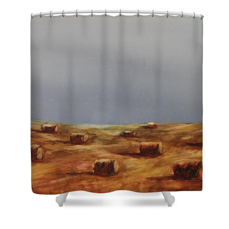Bales Shower Curtain featuring the painting Hayfield by Ruth Kamenev