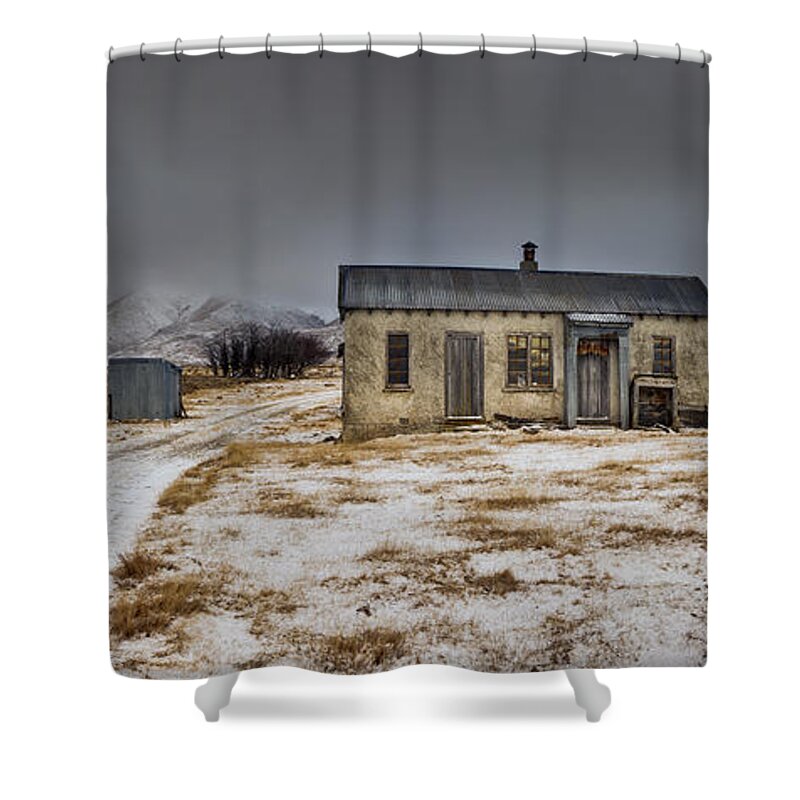 00463031 Shower Curtain featuring the photograph Historic Farm After Snowfall Otago New by Colin Monteath