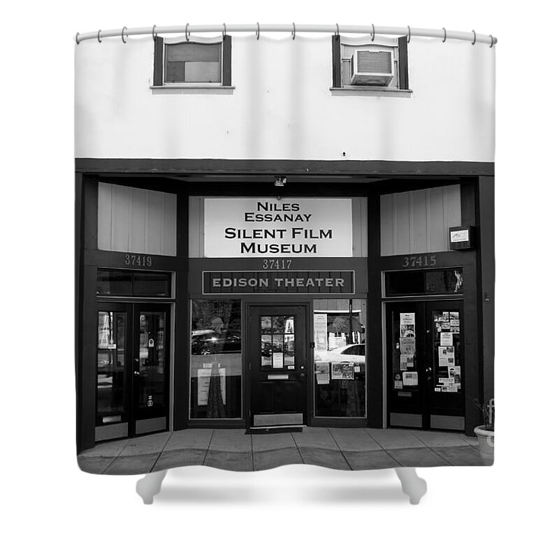 Black And White Shower Curtain featuring the photograph Historic Niles District in California Near Fremont . Niles Essanay Silent Film Museum . 7D10683 bw by Wingsdomain Art and Photography