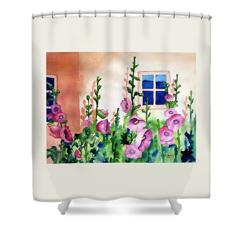 Flowers Shower Curtain featuring the painting Hollyhocks by Lyn DeLano