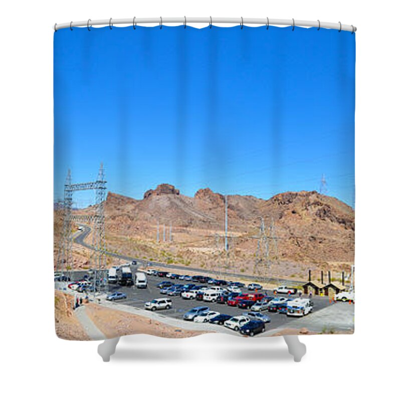 Lake Meade Shower Curtain featuring the photograph Visitors parking lot for Great Bridge at Hoover Dam by Dejan Jovanovic