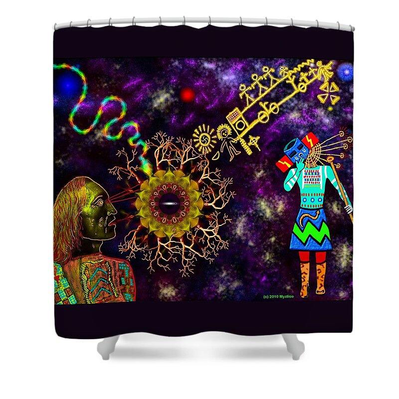 Hopi Shower Curtain featuring the mixed media Hopi Blue Star by Myztico Campo