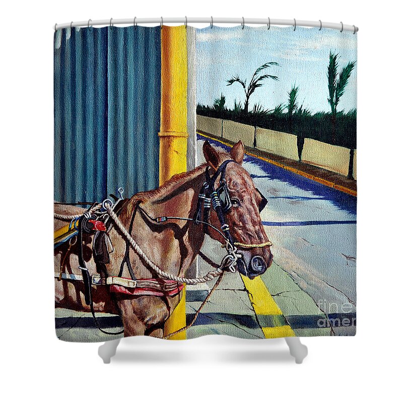 Horse Shower Curtain featuring the painting Horse in Malate by Christopher Shellhammer